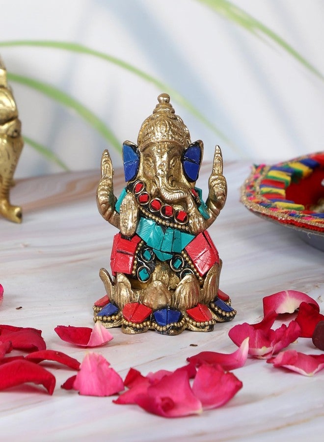 Two Moustaches Gemstone Work Brass Ganesha on Lotus Showpiece, Ganesha Idol for Home/Temple, Ganesha Idol for Pooja Room, Housewarming Gifts, Diwali Gifts, Standard, Pack of 1 - Image 5